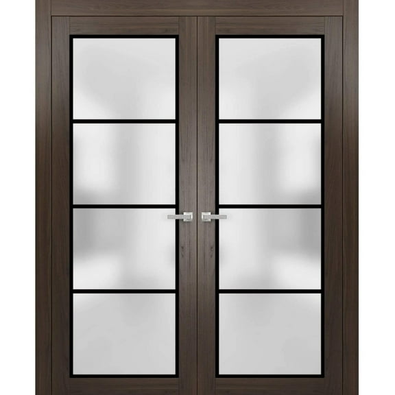 Solid French Double Doors 36 x 80 inches | Planum 2132 Chocolate Ash Frosted Glass | Wood Solid Panel Frame Trims | Closet Bedroom Sturdy Doors