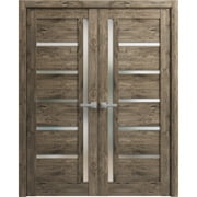Solid French Double Doors 36 x 80 inches | Quadro 4088 Cognac Oak with Frosted Glass | Wood Solid Panel Frame Trims | Closet Bedroom Sturdy Doors