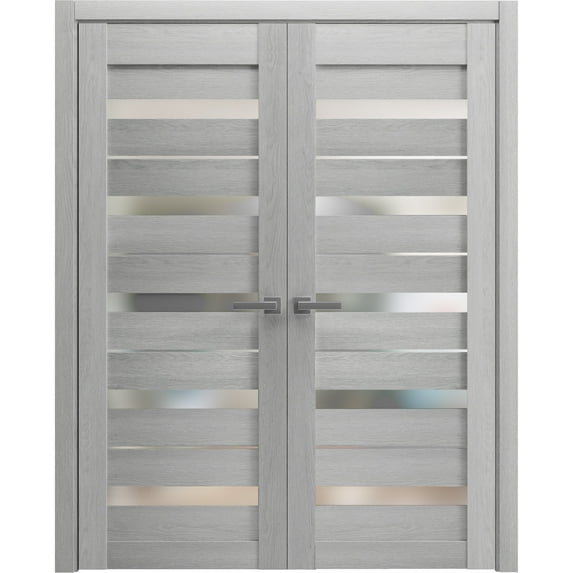 Solid French Double Doors 36 x 80 inches | Quadro 4445 Light Grey Oak with Frosted Glass | Wood Solid Panel Frame Trims | Closet Bedroom Sturdy Doors
