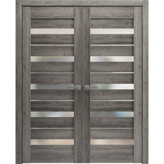 Solid French Double Doors 36 x 80 inches | Quadro 4445 Nebraska Grey with Frosted Glass | Wood Solid Panel Frame Trims | Closet Bedroom Sturdy Doors