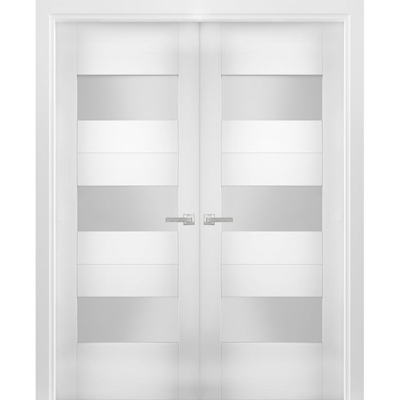 Solid French Double Doors 36 x 84 inches Opaque Glass / Sete 6003 White Silk / Wood Solid Panel Frame / Closet Bedroom Modern Doors