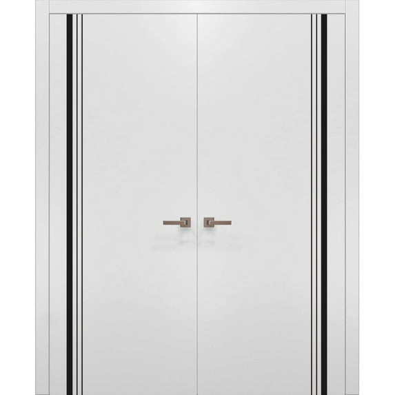 Solid French Double Doors 36 x 84 inches | Planum 0011 White Silk with Frosted Glass | Wood Solid Panel Frame Trims | Closet Bedroom Sturdy Doors