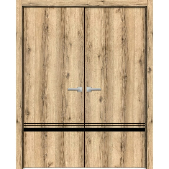 Solid French Double Doors 36 x 84 inches | Planum 0012 Oak with Frosted Glass | Wood Solid Panel Frame Trims | Closet Bedroom Sturdy Doors