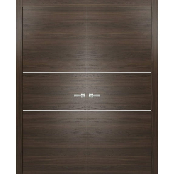 Solid French Double Doors 36 x 84 inches | Planum 0110 Chocolate Ash with Frosted Glass | Wood Solid Panel Frame Trims | Closet Bedroom Sturdy Doors