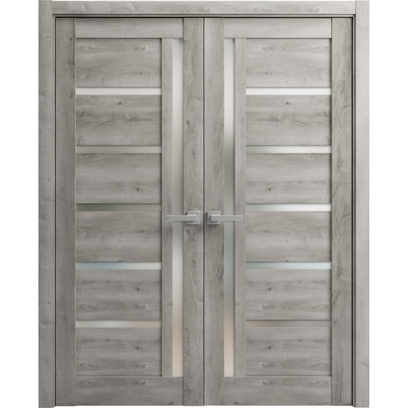 Solid French Double Doors 36 x 84 inches | Quadro 4088 Nebraska Grey with Frosted Glass | Wood Solid Panel Frame Trims | Closet Bedroom Sturdy Doors