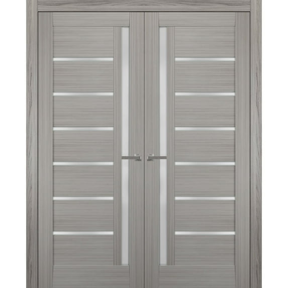 Solid French Double Doors 36 x 96 inches Frosted Glass | Quadro 4088 Grey Ash | Wood Solid Panel Frame Trims | Closet Bedroom Sturdy Doors