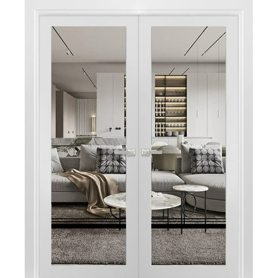 Solid French Double Doors 36 x 96 inches | Lucia 2666 White Silk Clear Glass | Wood Solid Panel Frame Trims | Closet Bedroom Sturdy Doors