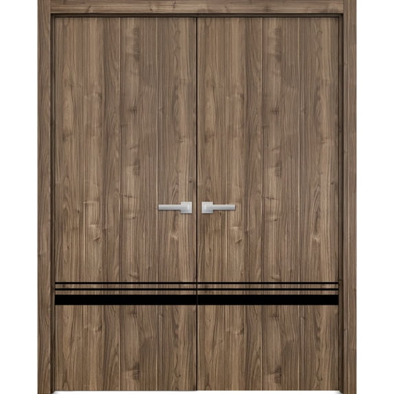Solid French Double Doors 36 x 96 inches | Planum 0012 Walnut with Frosted Glass | Wood Solid Panel Frame Trims | Closet Bedroom Sturdy Doors