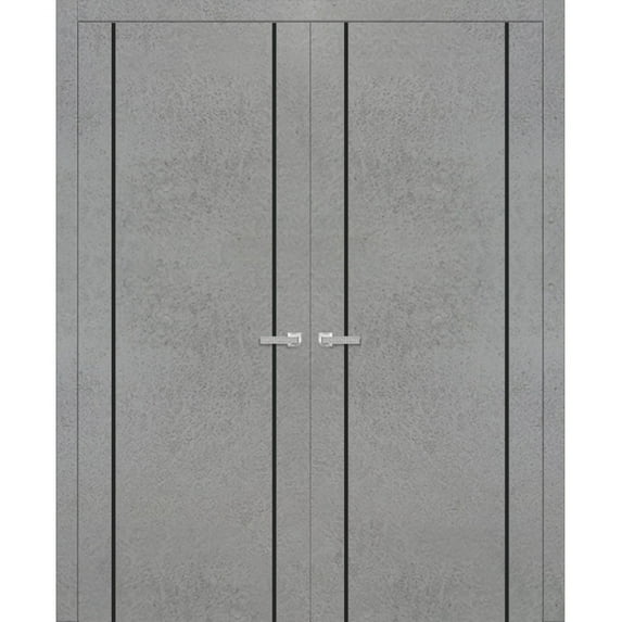 Solid French Double Doors 36 x 96 inches | Planum 0016 Concrete with Frosted Glass | Wood Solid Panel Frame Trims | Closet Bedroom Sturdy Doors