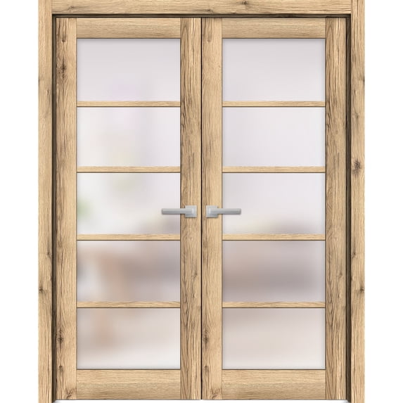 Solid French Double Doors 36 x 96 inches | Quadro 4002 Oak | Wood Solid Panel Frame Trims | Closet Bedroom Sturdy Doors
