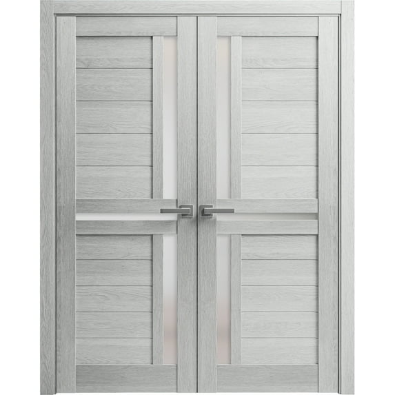 Solid French Double Doors 36 x 96 inches | Veregio 7288 Light Grey Oak with Frosted Glass | Wood Solid Panel Frame Trims | Closet Bedroom Sturdy Doors