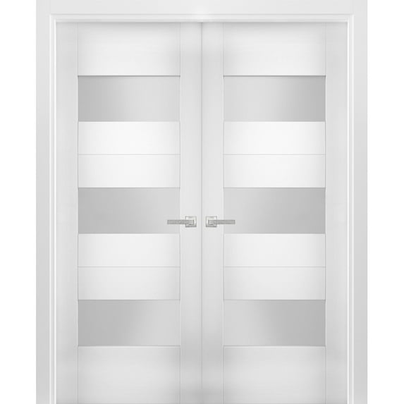 Solid French Double Doors 48 x 80 inches Opaque Glass / Sete 6003 White Silk / Wood Solid Panel Frame / Closet Bedroom Modern Doors