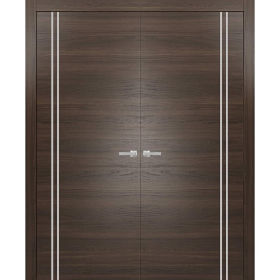 Solid French Double Doors 48 x 80 inches | Planum 0310 Chocolate Ash with Frosted Glass | Wood Solid Panel Frame Trims | Closet Bedroom Sturdy Doors
