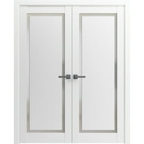 Solid French Double Doors 48 x 80 inches | Planum 0888 Painted White with Frosted Glass | Wood Solid Panel Frame Trims | Closet Bedroom Sturdy Doors