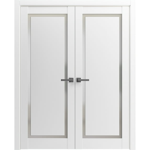 Solid French Double Doors 48 x 80 inches | Planum 0888 Painted White with Frosted Glass | Wood Solid Panel Frame Trims | Closet Bedroom Sturdy Doors
