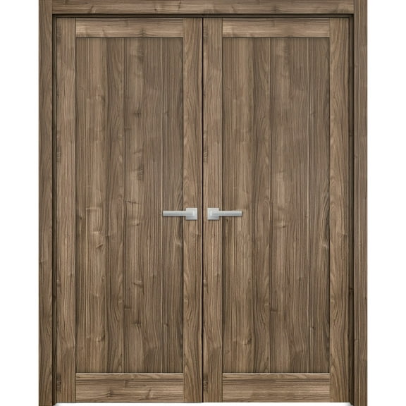 Solid French Double Doors 48 x 80 inches | Quadro 4111 Walnut | Wood Solid Panel Frame Trims | Closet Bedroom Sturdy Doors