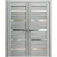 thumbnail image 1 of Solid French Double Doors 48 x 80 inches | Quadro 4445 Light Grey Oak with Frosted Glass | Wood Solid Panel Frame Trims | Closet Bedroom Sturdy Doors, 1 of 6