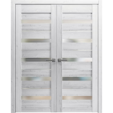 Solid French Double Doors 48 x 80 inches | Quadro 4445 Nordic White with Frosted Glass | Wood Solid Panel Frame Trims | Closet Bedroom Sturdy Doors