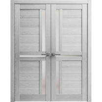 Solid French Double Doors 48 x 80 inches | Veregio 7288 Light Grey Oak with Frosted Glass | Wood Solid Panel Frame Trims | Closet Bedroom Sturdy Doors