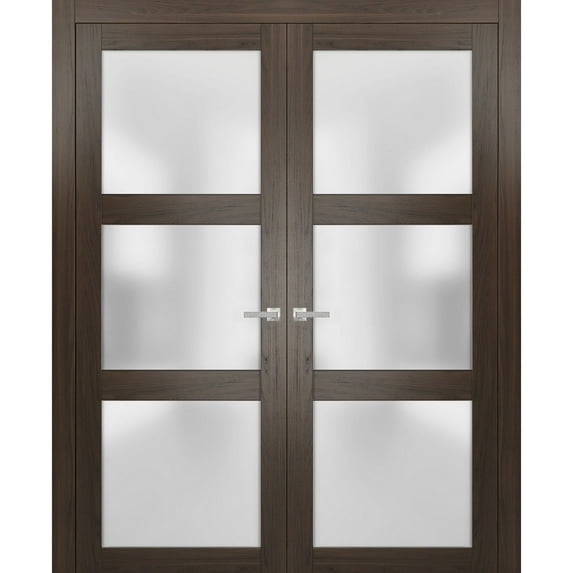 Solid French Double Doors 48 x 84 inches Frosted Glass | Lucia 2552 Chocolate Ash | Wood Solid Panel Frame Trims | Closet Bedroom Sturdy Doors