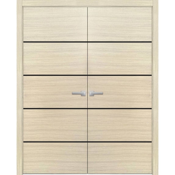 Solid French Double Doors 48 x 84 inches | Planum 0015 Natural Veneer with Frosted Glass | Wood Solid Panel Frame Trims | Closet Bedroom Sturdy Doors