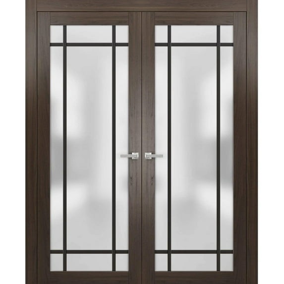 Solid French Double Doors 48 x 84 inches | Planum 2112 Chocolate Ash Frosted Glass | Wood Solid Panel Frame Trims | Closet Bedroom Sturdy Doors