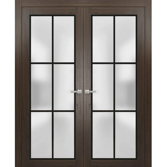 Solid French Double Doors 48 x 84 inches | Planum 2122 Chocolate Ash Frosted Glass | Wood Solid Panel Frame Trims | Closet Bedroom Sturdy Doors