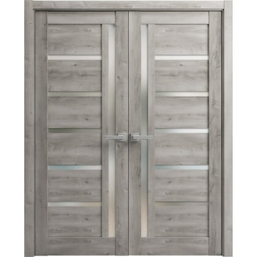 Solid French Double Doors 48 x 84 inches | Quadro 4088 Nebraska Grey with Frosted Glass | Wood Solid Panel Frame Trims | Closet Bedroom Sturdy Doors