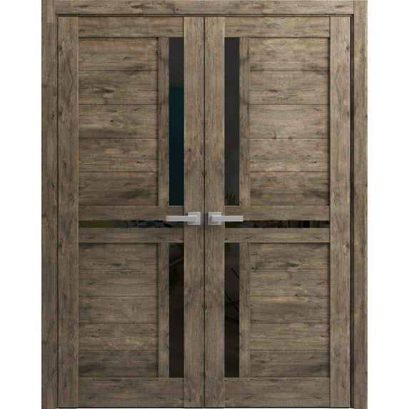 Solid French Double Doors 48 x 84 inches | Veregio 7588 Cognac Oak with Black Glass | Wood Solid Panel Frame Trims | Closet Bedroom Sturdy Doors
