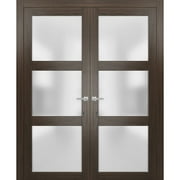 Solid French Double Doors 48 x 96 inches Frosted Glass | Lucia 2552 Chocolate Ash | Wood Solid Panel Frame Trims | Closet Bedroom Sturdy Doors
