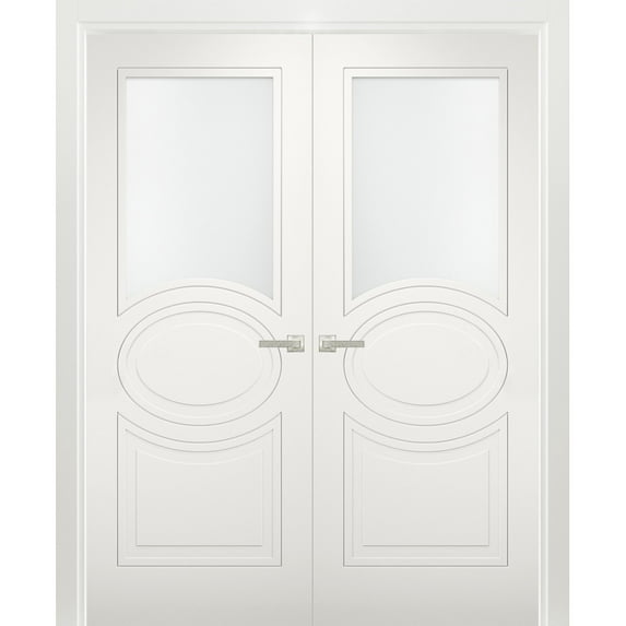 Solid French Double Doors 48 x 96 inches Opaque Glass / Mela 7012 Matte White / Wood Solid Panel Frame / Closet Bedroom Modern Doors