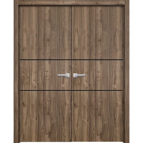 Solid French Double Doors 48 x 96 inches | Planum 0014 Walnut with Frosted Glass | Wood Solid Panel Frame Trims | Closet Bedroom Sturdy Doors