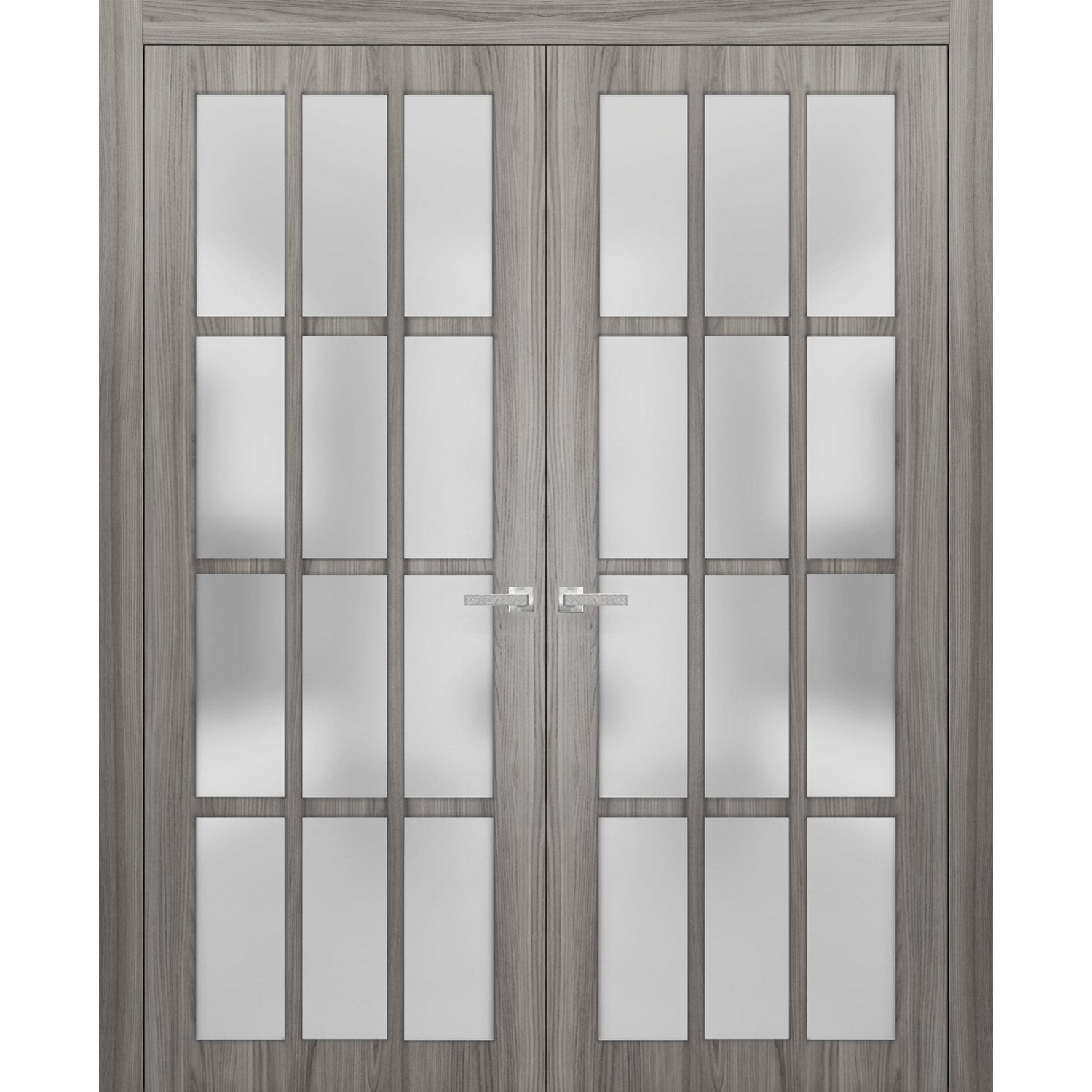 Gray Solid Pine French Double Doors with Frosted Glass