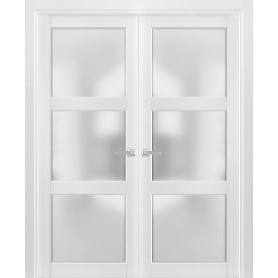 Solid French Double Doors 56 x 80 inches Frosted Glass 3 Lites
