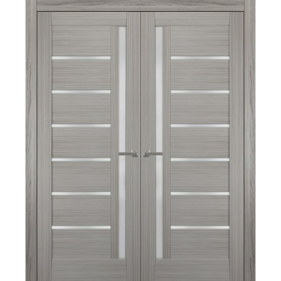 Solid French Double Doors 56 x 80 inches Frosted Glass | Quadro 4088 Grey Ash | Wood Solid Panel Frame Trims | Closet Bedroom Sturdy Doors