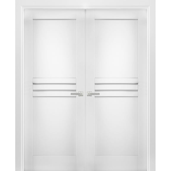 Solid French Double Doors 56 x 80 inches / Mela 7444 White Silk / Wood Solid Panel Frame / Closet Bedroom Modern Doors