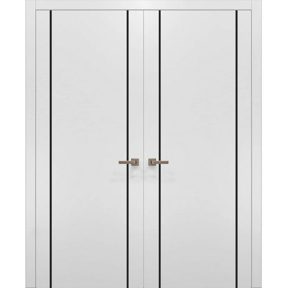 Solid French Double Doors 56 x 80 inches | Planum 0016 White Silk with Frosted Glass | Wood Solid Panel Frame Trims | Closet Bedroom Sturdy Doors
