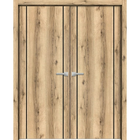 Solid French Double Doors 56 x 80 inches | Planum 0017 Oak with Frosted Glass | Wood Solid Panel Frame Trims | Closet Bedroom Sturdy Doors