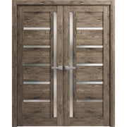 Solid French Double Doors 56 x 80 inches | Quadro 4088 Cognac Oak with Frosted Glass | Wood Solid Panel Frame Trims | Closet Bedroom Sturdy Doors