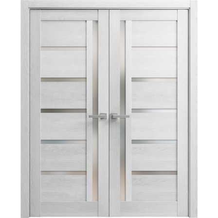 Solid French Double Doors 56 x 80 inches | Quadro 4088 Light Grey Oak with Frosted Glass | Wood Solid Panel Frame Trims | Closet Bedroom Sturdy Doors