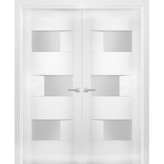 Solid French Double Doors 56 x 84 inches Opaque Glass / Sete 6933 White Silk / Wood Solid Panel Frame / Closet Bedroom Modern Doors