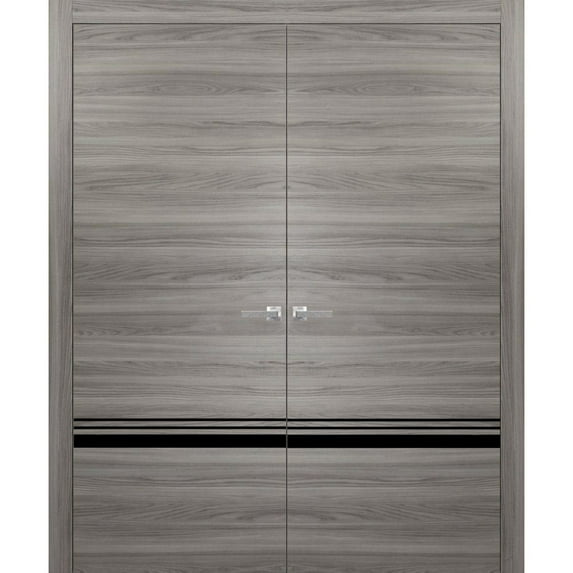 Solid French Double Doors 56 x 84 inches | Planum 0012 Grey Matte with Frosted Glass | Wood Solid Panel Frame Trims | Closet Bedroom Sturdy Doors