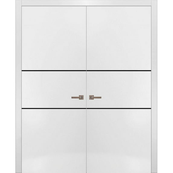 Solid French Double Doors 56 x 84 inches | Planum 0014 White Silk with Frosted Glass | Wood Solid Panel Frame Trims | Closet Bedroom Sturdy Doors