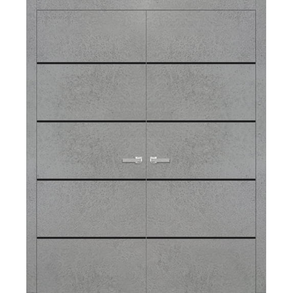Solid French Double Doors 56 x 84 inches | Planum 0015 Concrete with Frosted Glass | Wood Solid Panel Frame Trims | Closet Bedroom Sturdy Doors