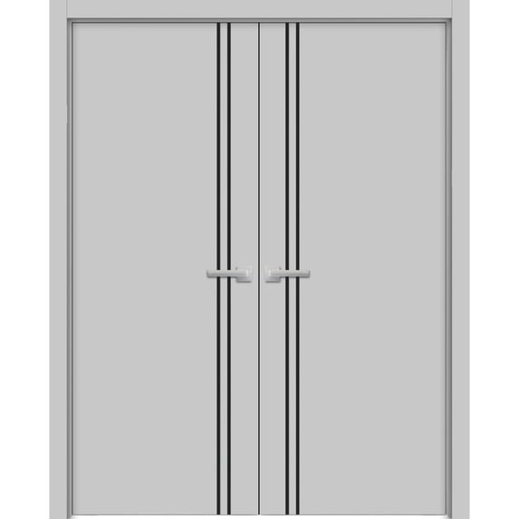Solid French Double Doors 56 x 84 inches | Planum 0016 Grey Matte with Frosted Glass | Wood Solid Panel Frame Trims | Closet Bedroom Sturdy Doors