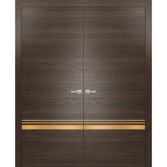 Solid French Double Doors 56 x 84 inches | Planum 2010 Chocolate Ash with Frosted Glass | Wood Solid Panel Frame Trims | Closet Bedroom Sturdy Doors