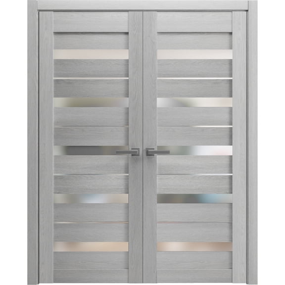 Solid French Double Doors 56 x 84 inches | Quadro 4445 Light Grey Oak with Frosted Glass | Wood Solid Panel Frame Trims | Closet Bedroom Sturdy Doors