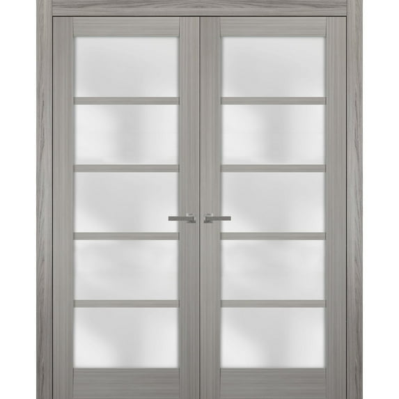 Solid French Double Doors 56 x 96 inches Frosted Glass | Quadro 4002 Grey Ash | Wood Solid Panel Frame Trims | Closet Bedroom Sturdy Doors