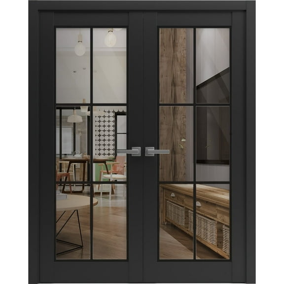 Solid French Double Doors 56 x 96 inches | Lucia 2366 Matte Black Clear Glass | Wood Solid Panel Frame Trims | Closet Bedroom Sturdy Doors