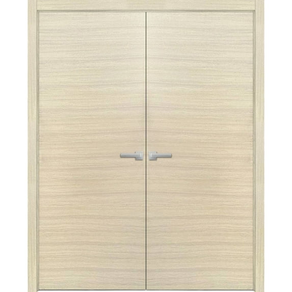 Solid French Double Doors 56 x 96 inches | Planum 0010 Natural Veneer | Wood Solid Panel Frame Trims | Closet Bedroom Sturdy Doors